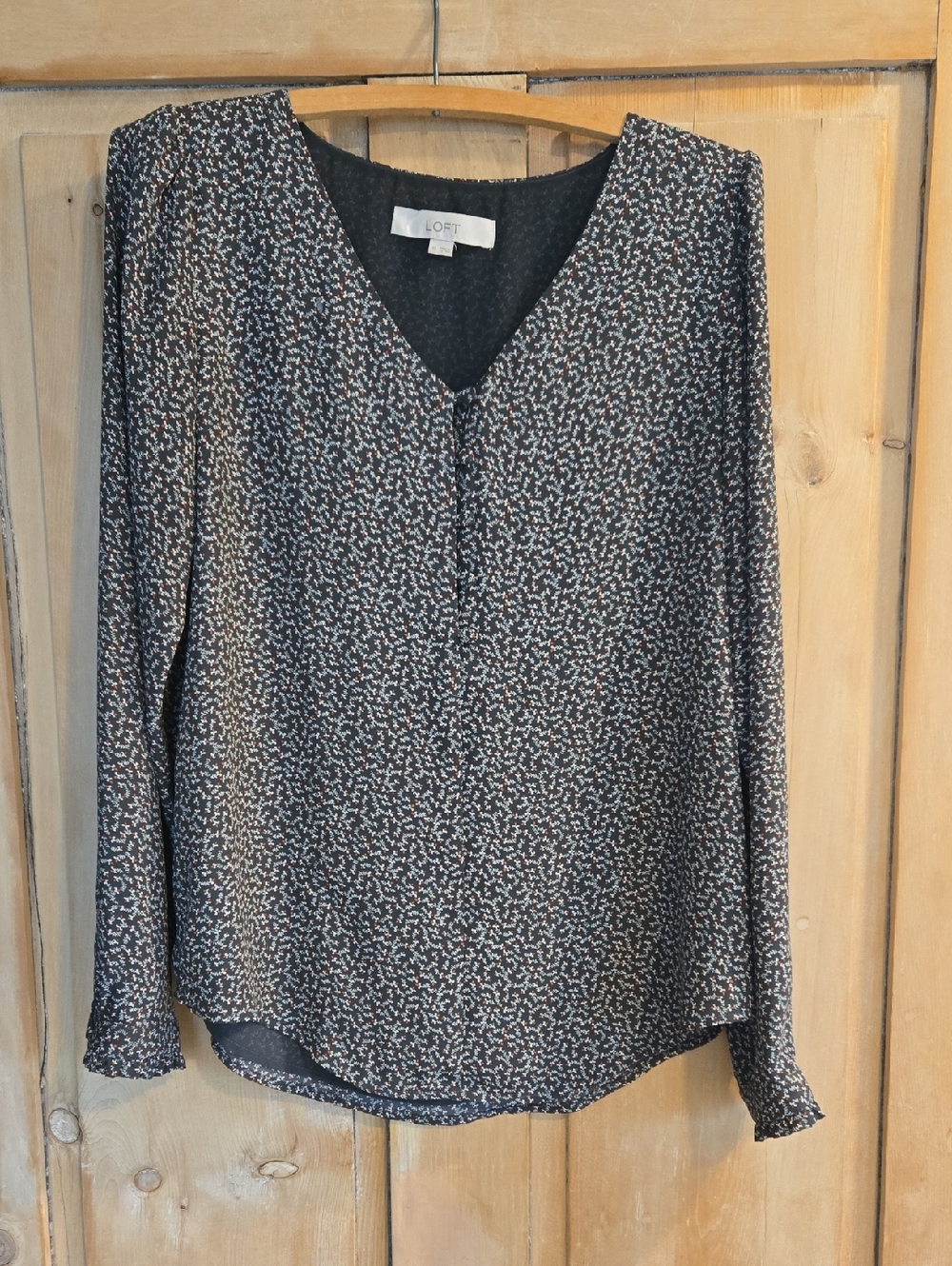 LOFT Black Micro-Print V-Neck Long Sleeve Blouse